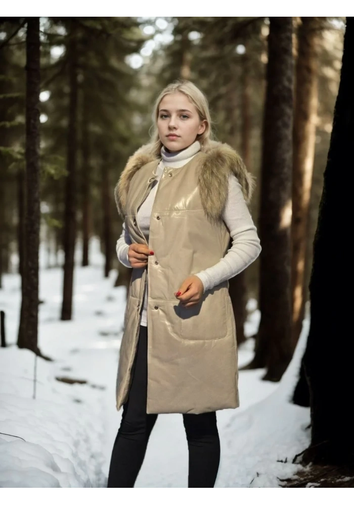 Kadın Premium Doğal Kolsuz Deri Kürk - Krem