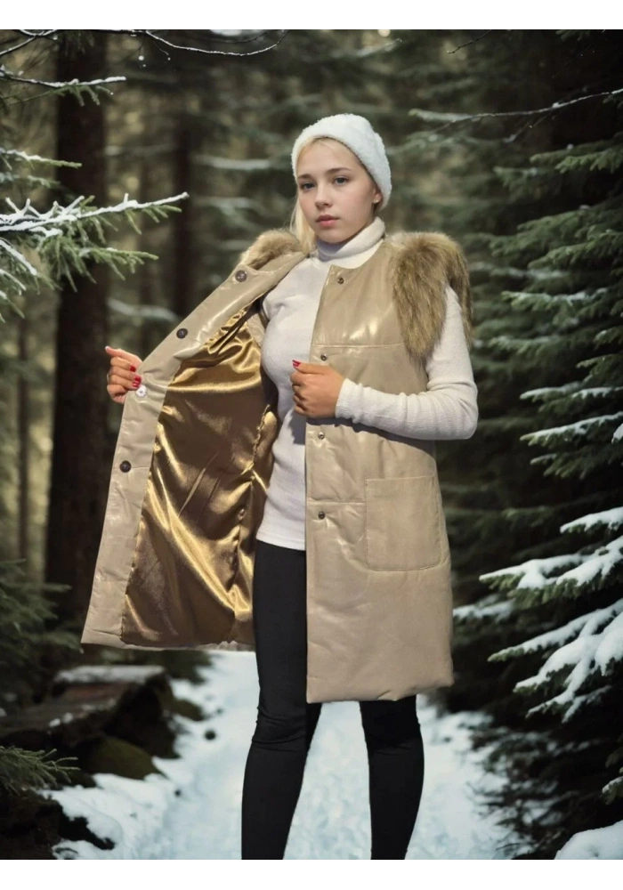 Kadın Premium Doğal Kolsuz Deri Kürk - Krem