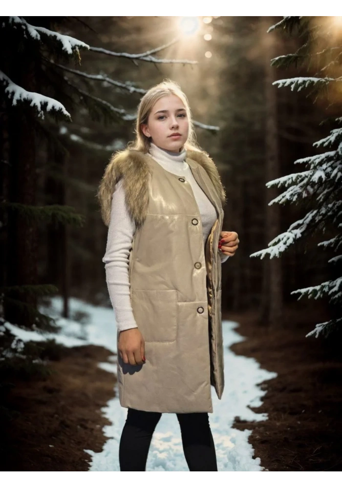 Kadın Premium Doğal Kolsuz Deri Kürk - Krem