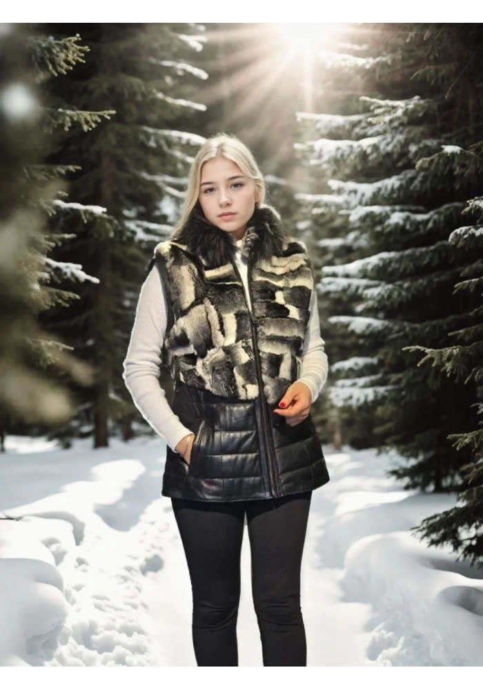 Kadın Premium Doğal Kolsuz Deri Kürk - Siyah