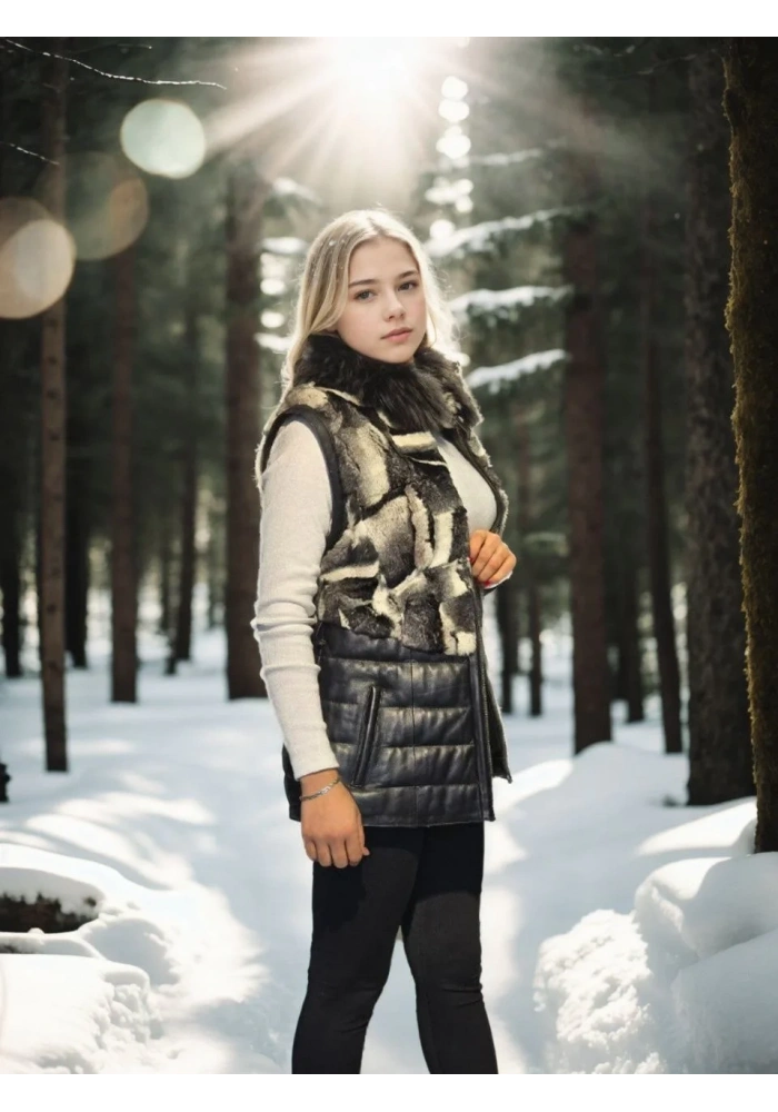 Kadın Premium Doğal Kolsuz Deri Kürk - Siyah