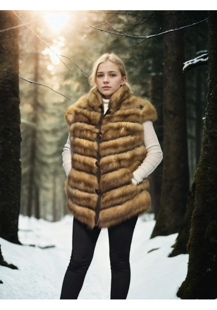 Kadın Premium Doğal Kolsuz Kürk - Kahve