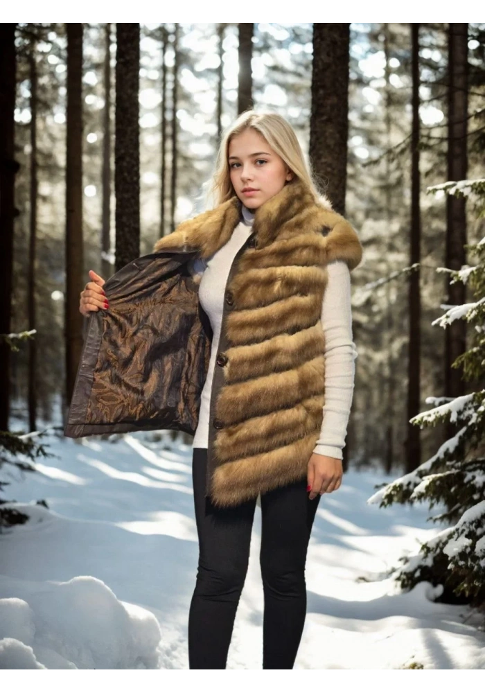 Kadın Premium Doğal Kolsuz Kürk - Kahve