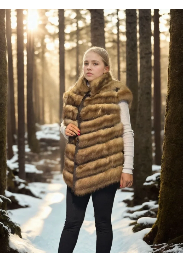 Kadın Premium Doğal Kolsuz Kürk - Kahve