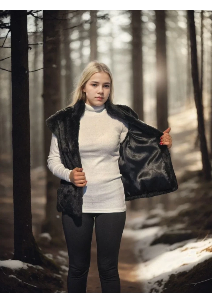 Kadın Premium Doğal Kolsuz Kürk - Siyah