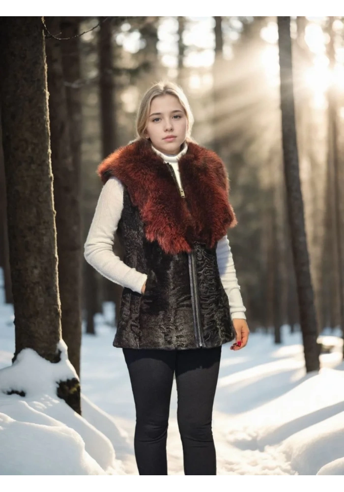 Kadın Premium Doğal Kolsuz Kürk - Siyah