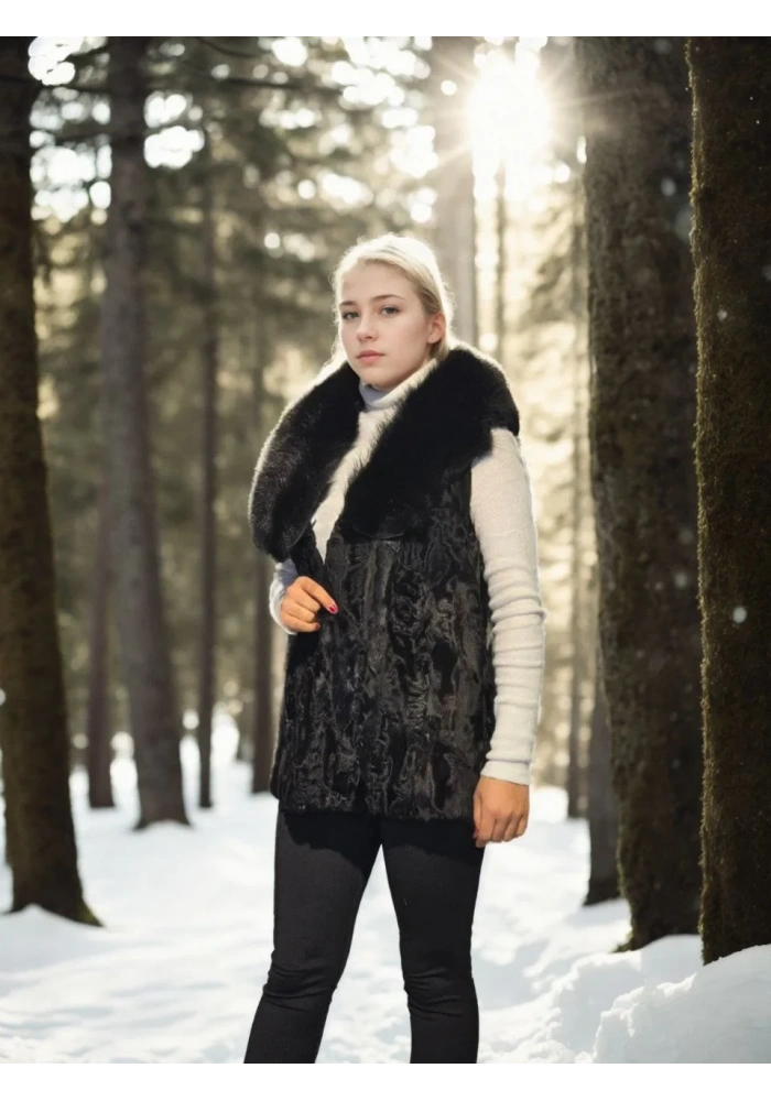 Kadın Premium Doğal Kolsuz Kürk - Siyah