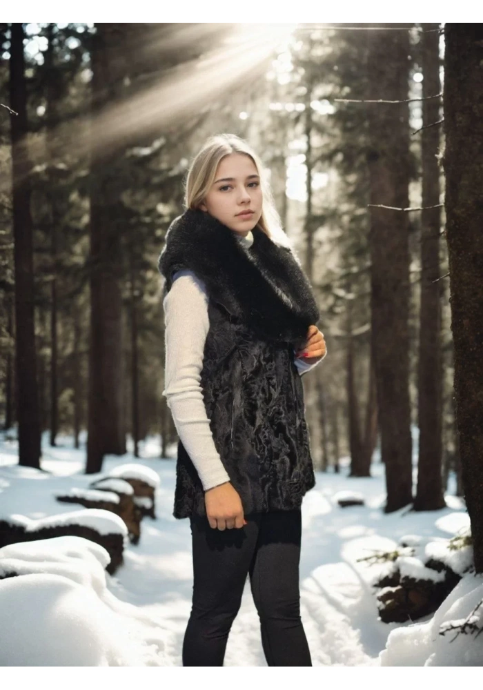 Kadın Premium Doğal Kolsuz Kürk - Siyah