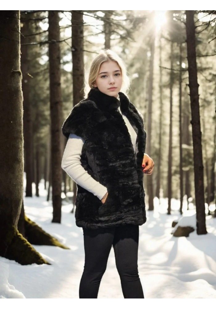 Kadın Premium Doğal Kolsuz Kürk - Siyah