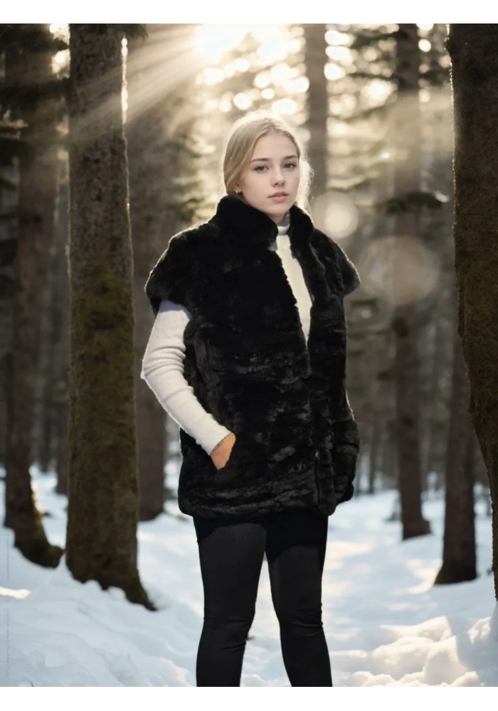 Kadın Premium Doğal Kolsuz Kürk - Siyah