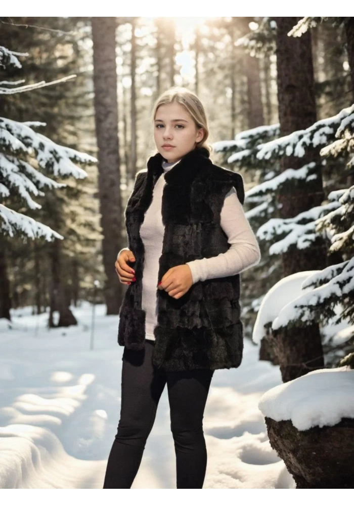 Kadın Premium Doğal Kolsuz Kürk - Siyah