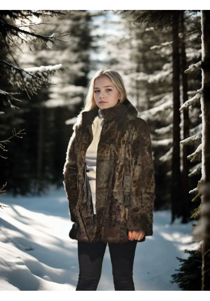 Kadın Premium Doğal Kürk Deri Ceket - Leopar