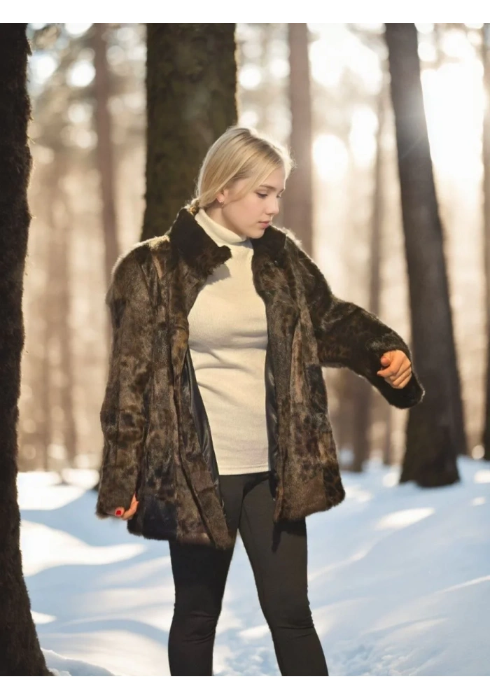 Kadın Premium Doğal Kürk Deri Ceket - Leopar