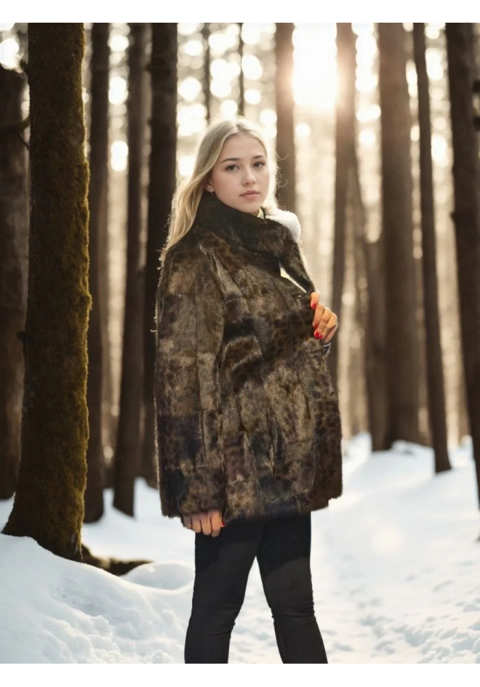 Kadın Premium Doğal Kürk Deri Ceket - Leopar