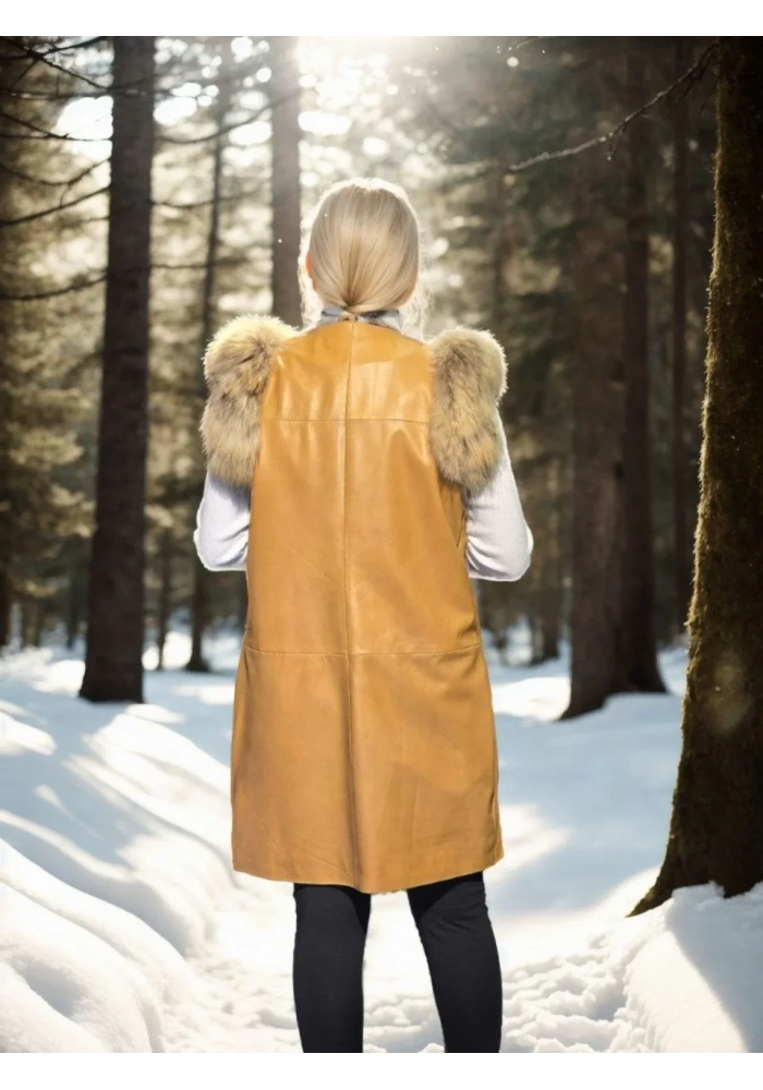 Kadın Premium Doğal Kürk Kolsuz Deri - Hardal