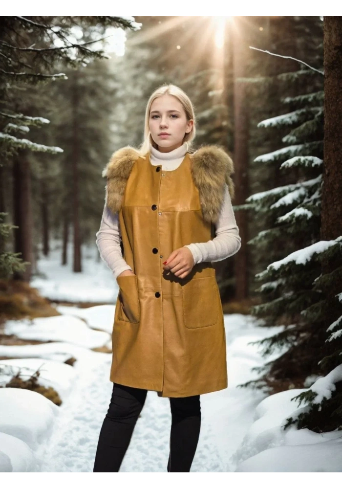 Kadın Premium Doğal Kürk Kolsuz Deri - Hardal