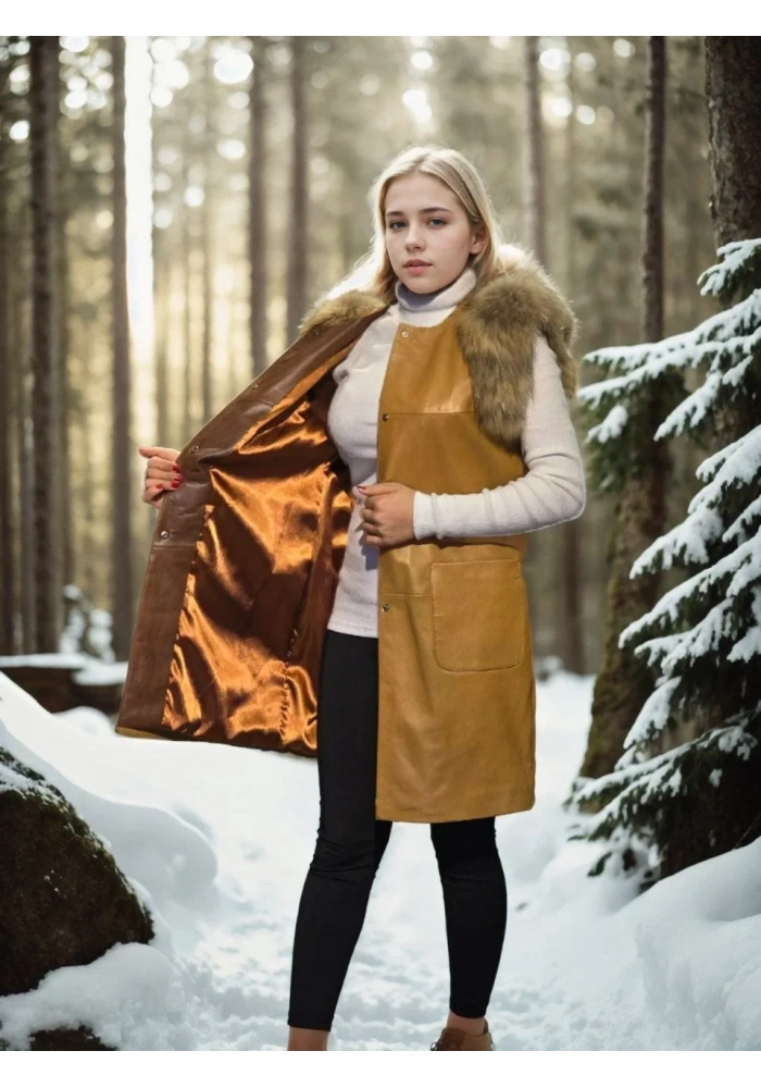 Kadın Premium Doğal Kürk Kolsuz Deri - Hardal