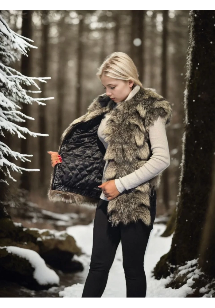 Kadın Premium Doğal Kürk Kolsuz Deri - Siyah