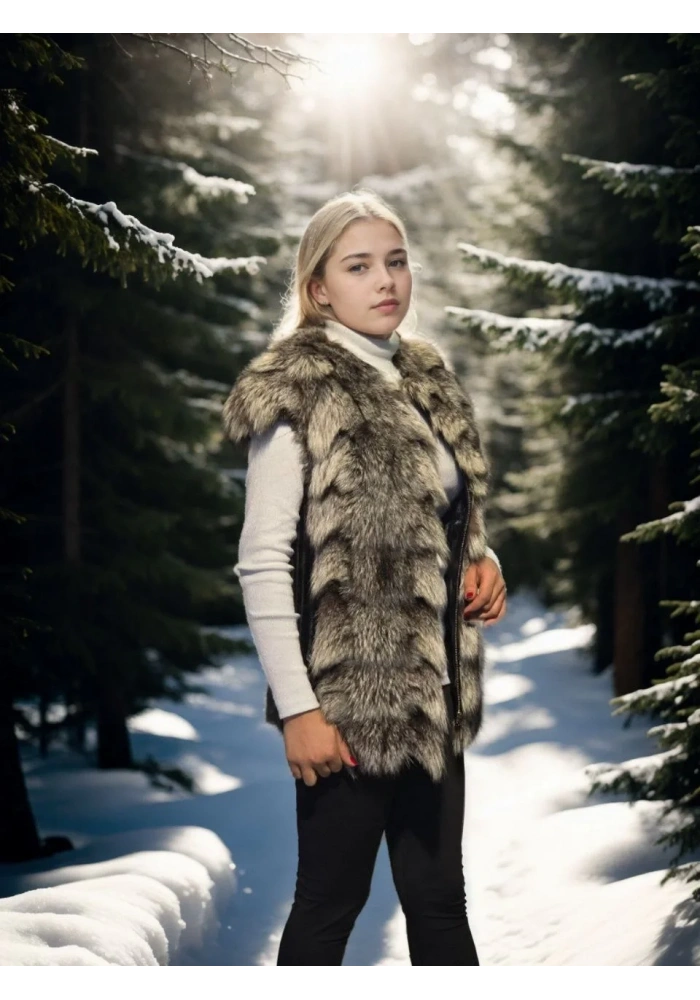 Kadın Premium Doğal Kürk Kolsuz Deri - Siyah