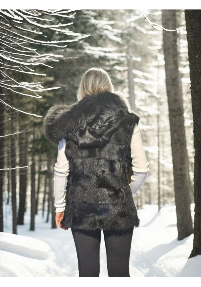 Kadın Premium Doğal Kürk Kolsuz Kapüşonlu Yelek - Siyah