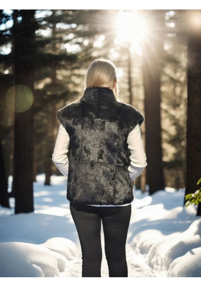 Kadın Premium Doğal Kürk Kolsuz Kürk - Siyah