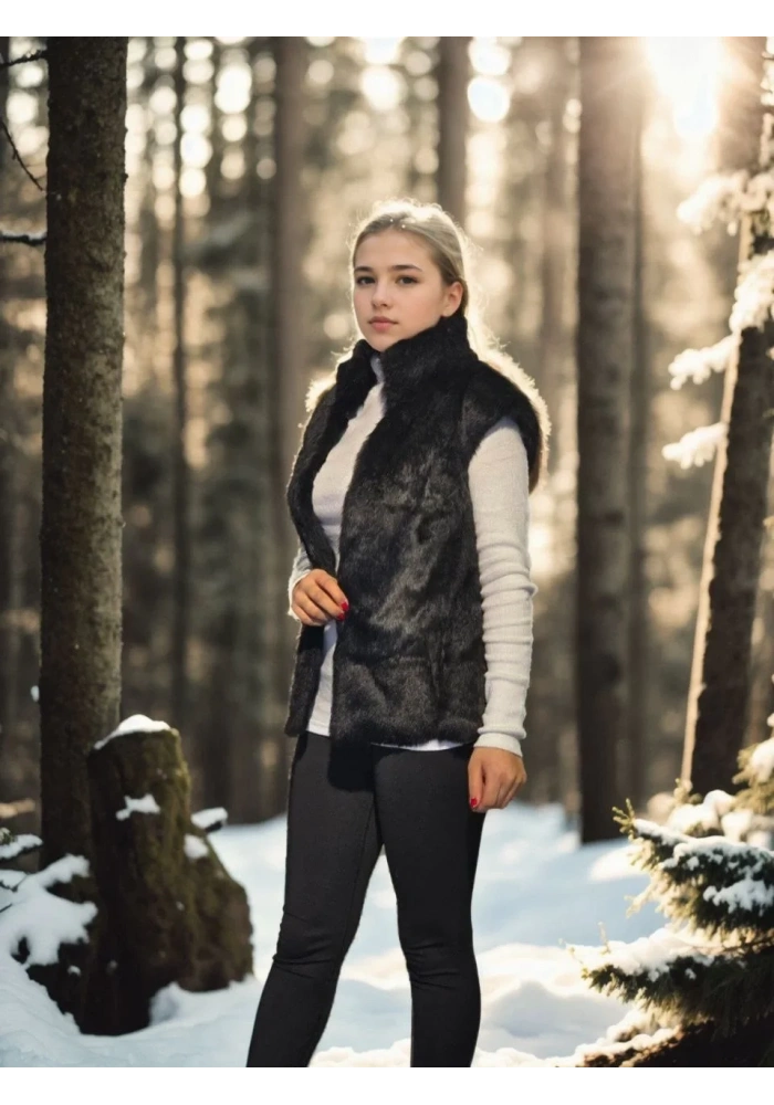 Kadın Premium Doğal Kürk Kolsuz Kürk - Siyah