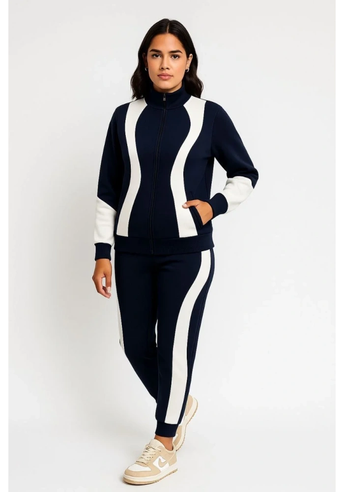 Kadın Premium Parçalı Eşofman Takım - Dik Yaka Fermuarlı Sweatshirt - Siyah