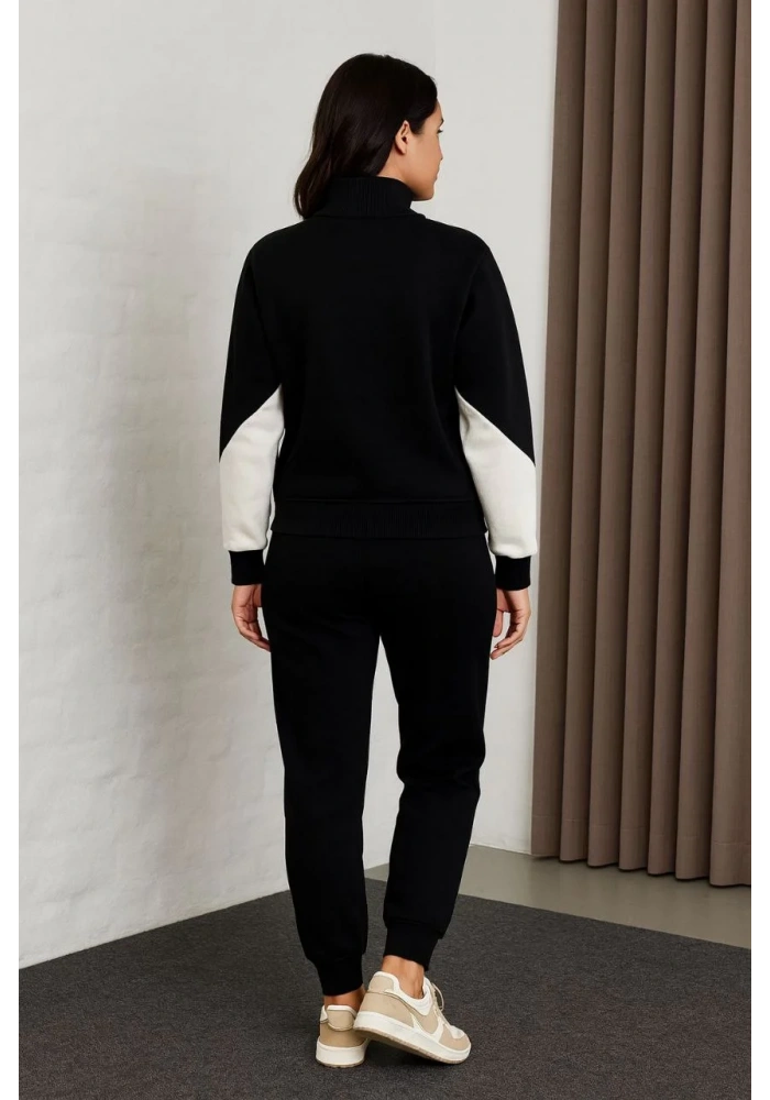 Kadın Premium Parçalı Eşofman Takım - Dik Yaka Fermuarlı Sweatshirt - Siyah