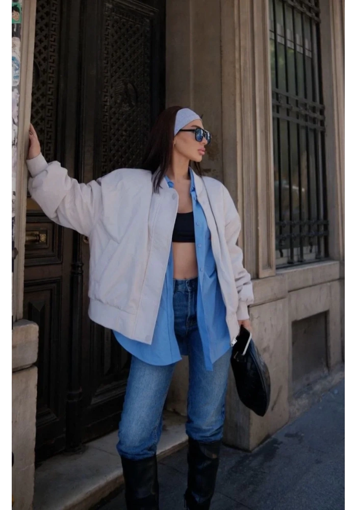 Kadın Prenıum Cepli Bomber Ceket Mont - Beyaz