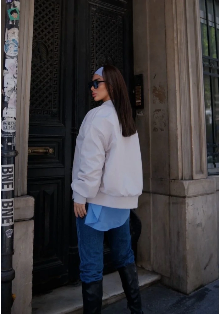 Kadın Prenıum Cepli Bomber Ceket Mont - Beyaz