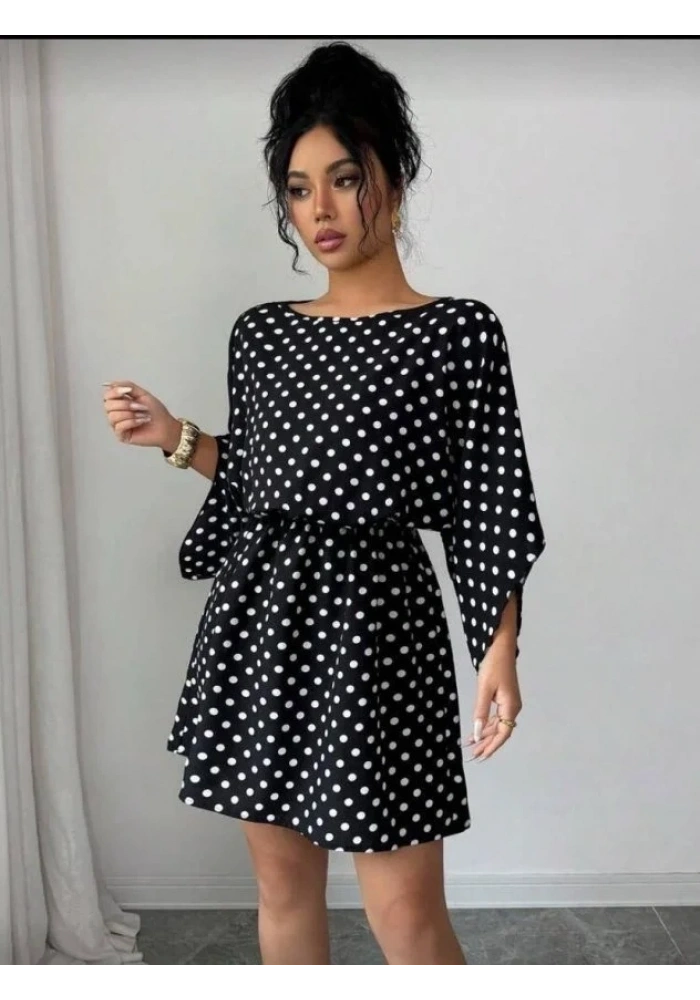 Kadın Puantiyeli örme Krep Mini Elbise (kemersiz)