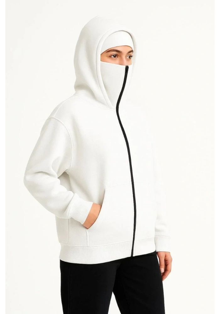 Kadın Samuray Ninja Çift Kapüşonlu Maske Detaylı 3 İplik Hoodie - Beyaz