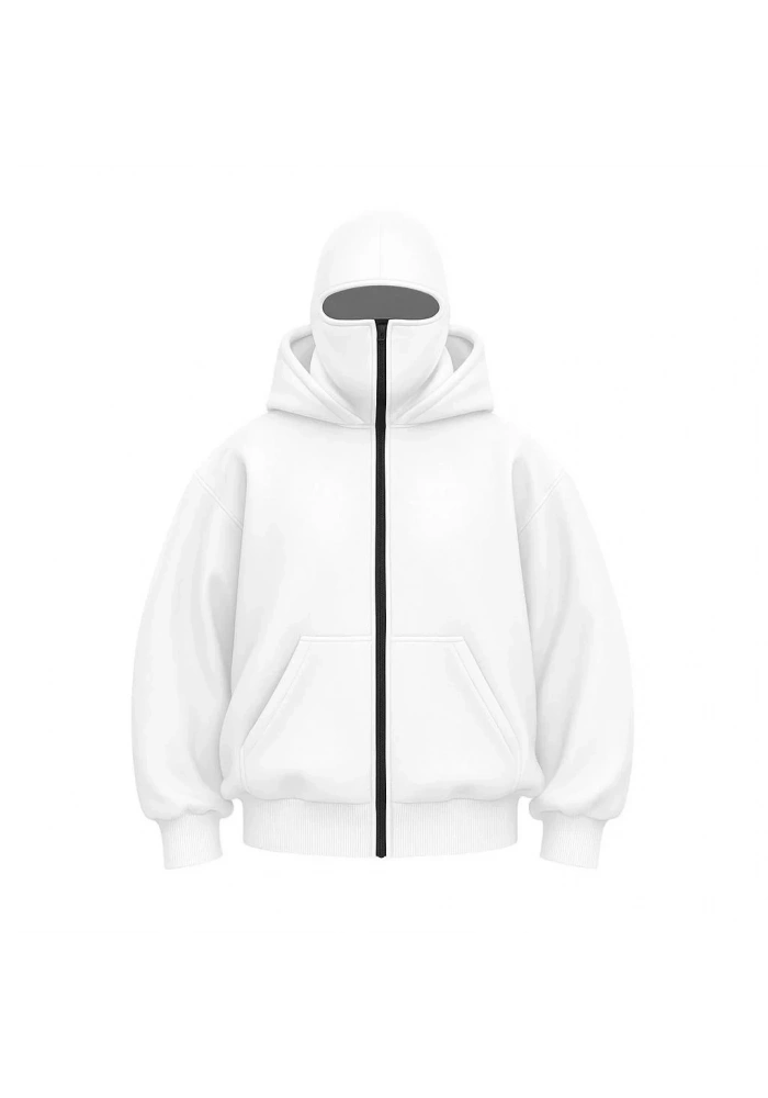 Kadın Samuray Ninja Çift Kapüşonlu Maske Detaylı 3 İplik Hoodie - Beyaz