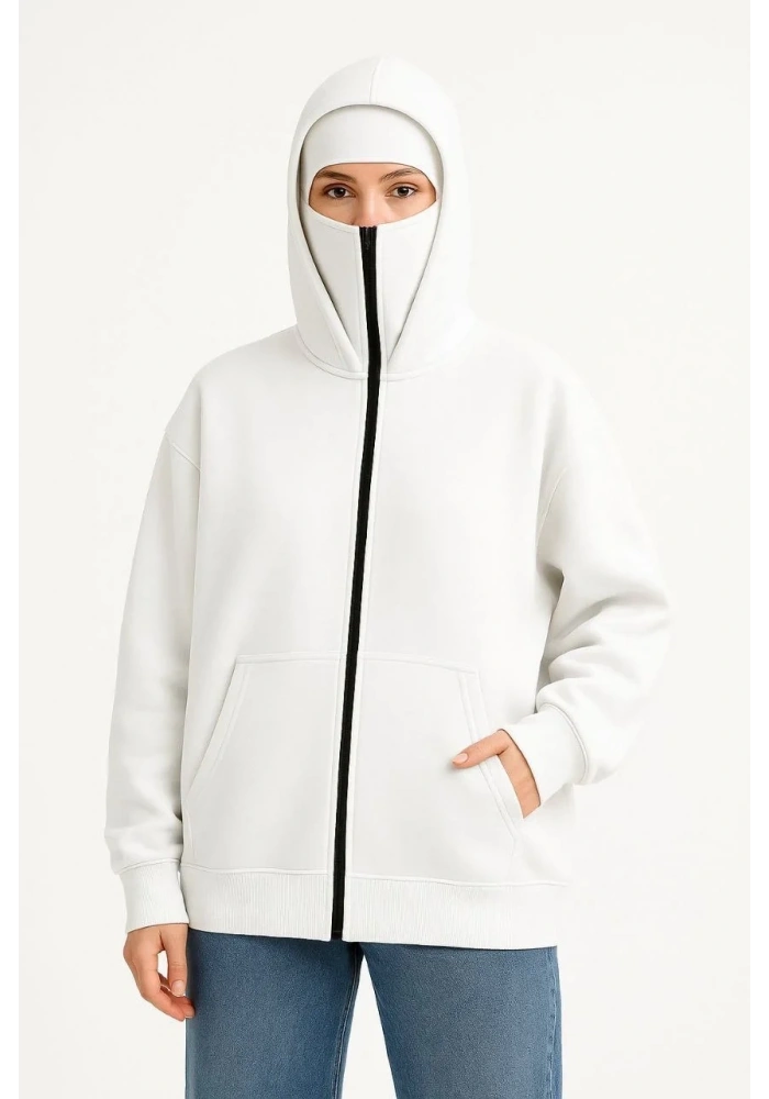 Kadın Samuray Ninja Çift Kapüşonlu Maske Detaylı 3 İplik Hoodie - Beyaz