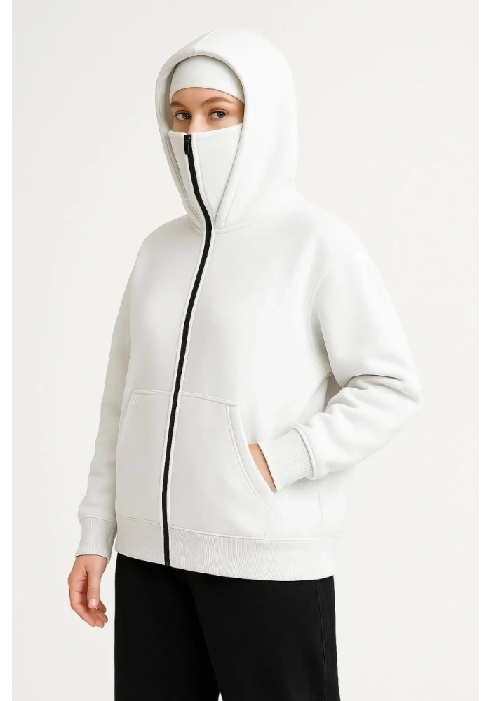 Kadın Samuray Ninja Çift Kapüşonlu Maske Detaylı 3 İplik Hoodie - Beyaz