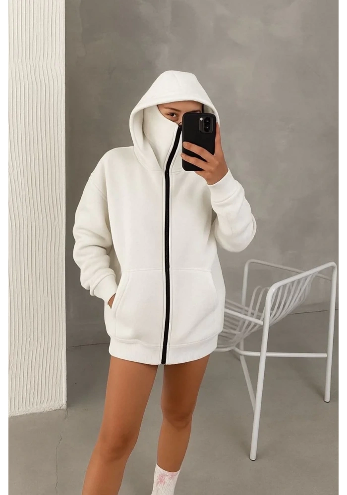 Kadın Samuray Ninja Çift Kapüşonlu Maske Detaylı 3 İplik Hoodie - Beyaz