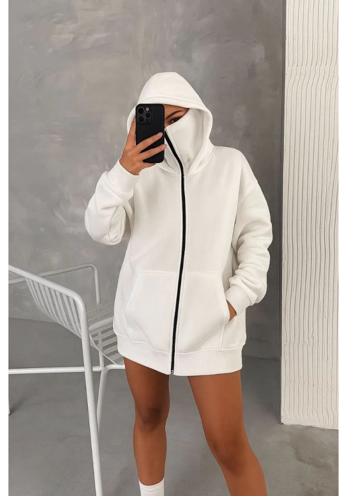 Kadın Samuray Ninja Çift Kapüşonlu Maske Detaylı 3 İplik Hoodie - Beyaz