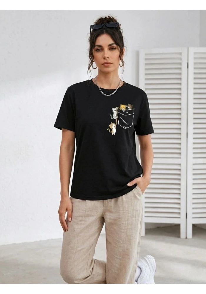 Kadın Sevimli Kedi Cep Baskılı Tişört Kısa Kol Yazlık T-Shirt - Siyah