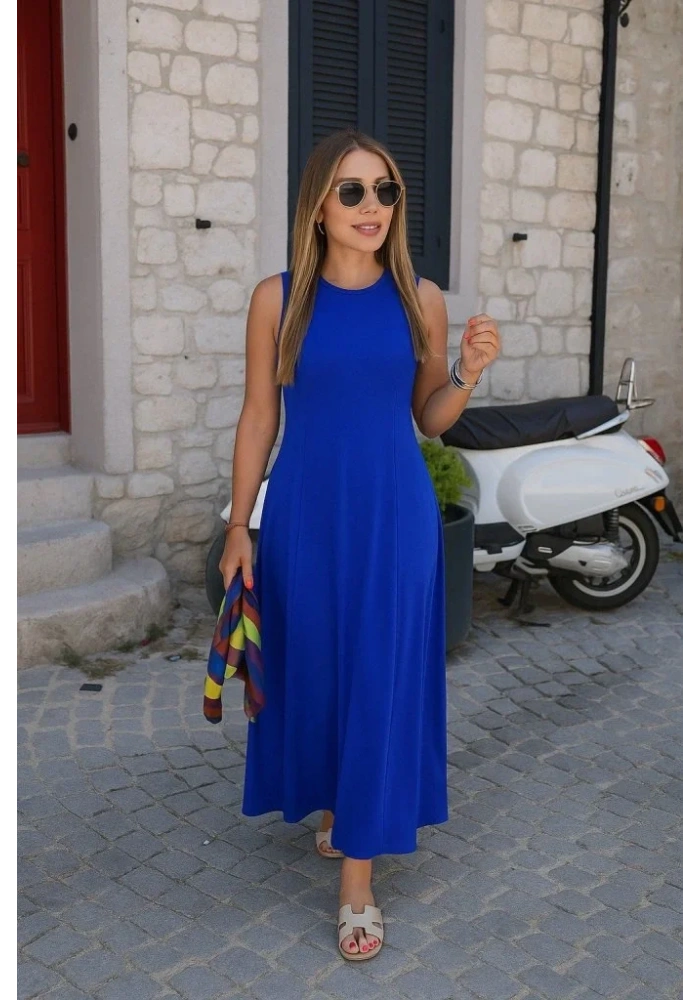 Kadın Sıfır Kollu Bisiklet Yaka Viskon Elbise