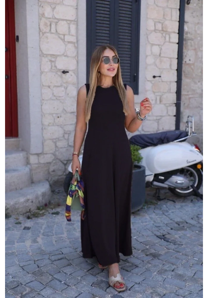 Kadın Sıfır Kollu Bisiklet Yaka Viskon Elbise