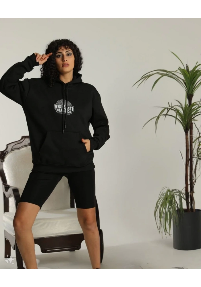 Kadın Oversize Kapüşonlu Cepli Baskılı 3 İplik Pamuklu Hoodie Sweatshirt - Siyah