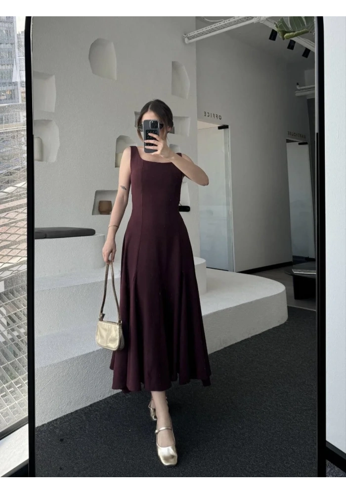 Kadın Sırt Dekolteli Kolsuz Uzun Elbise - Mürdüm