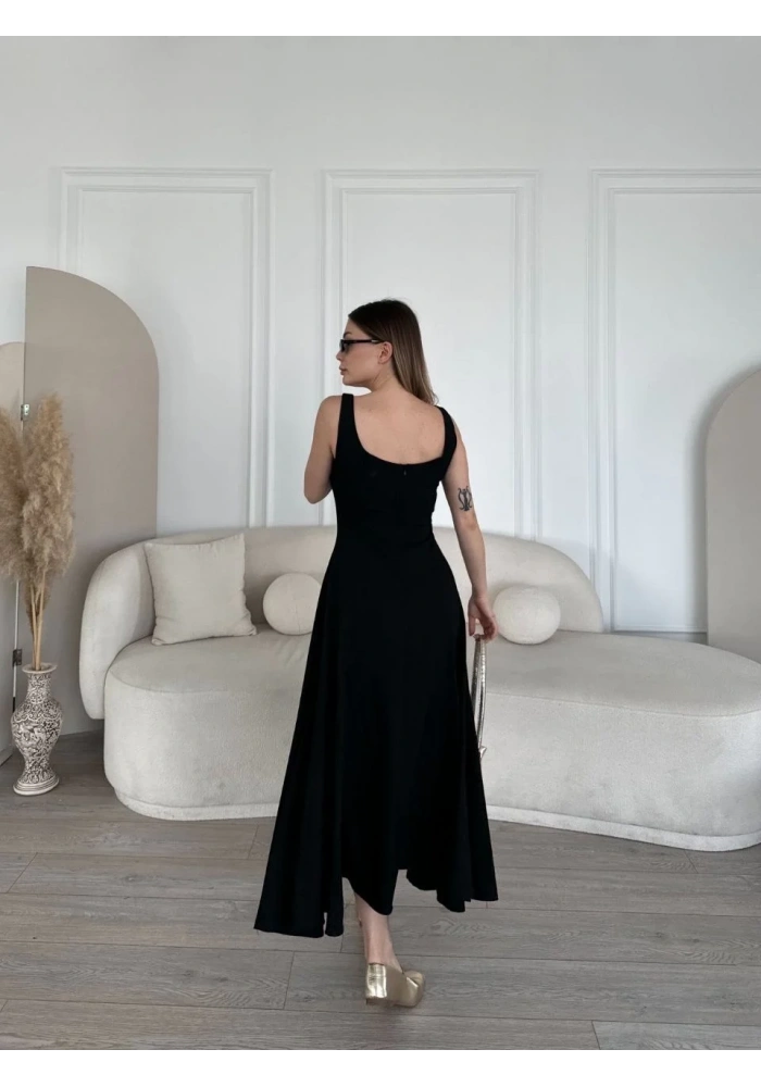 Kadın Sırt Dekolteli Kolsuz Uzun Elbise - Siyah