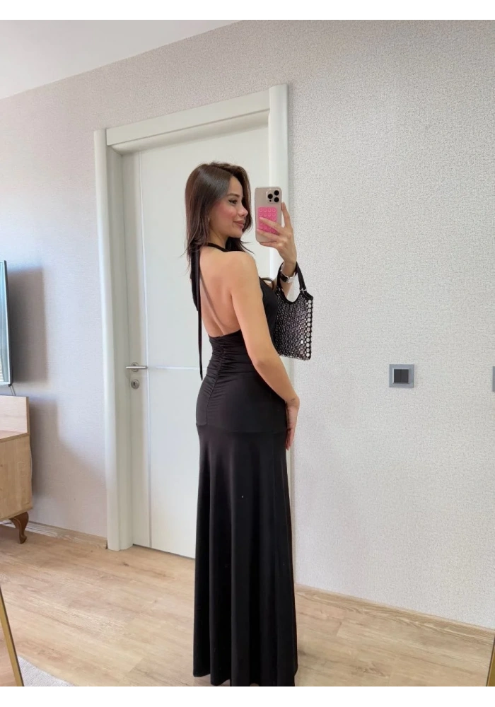 Kadın Sırt dekolteli Uzun Elbise - Siyah