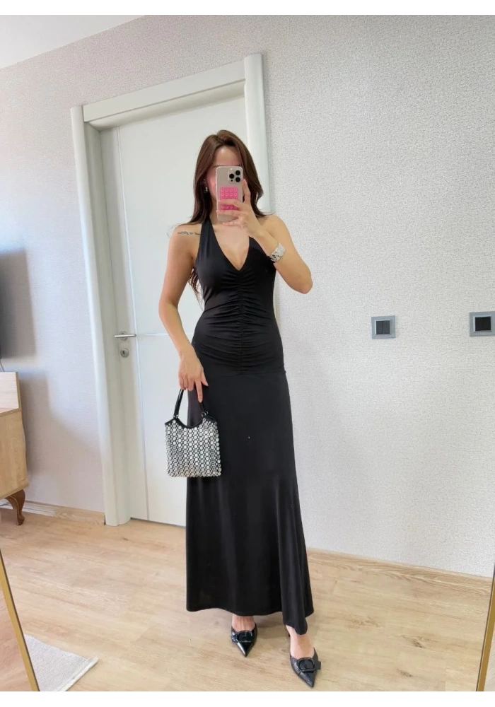 Kadın Sırt dekolteli Uzun Elbise - Siyah