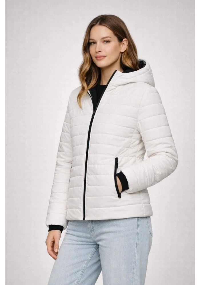 KADIN Şişme Kapüşonlu Fermuarlı Mont Su İtici Kapitone Cepli Ceket - Krem