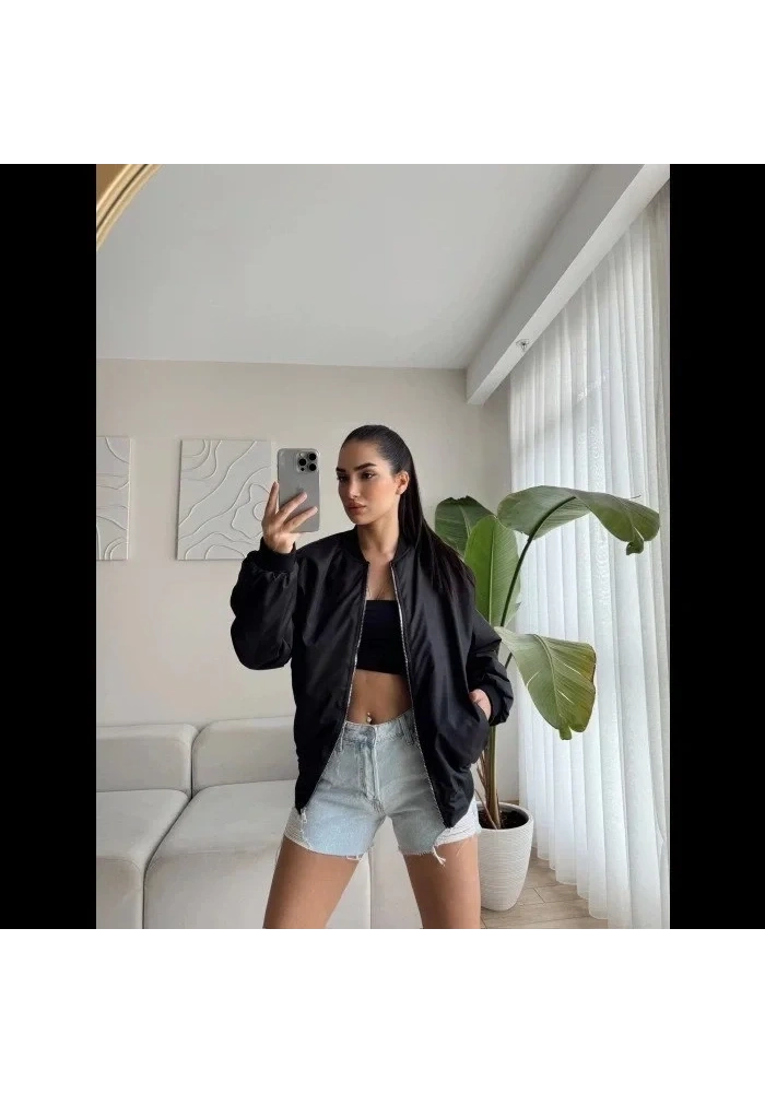 Kadın Siyah Bomber Mont Oversize Kalıp Fermuarlı Cepli  - Siyah