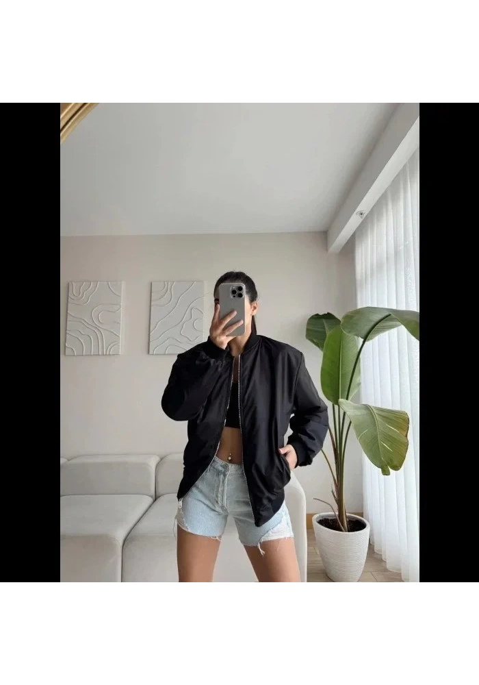 Kadın Siyah Bomber Mont Oversize Kalıp Fermuarlı Cepli  - Siyah