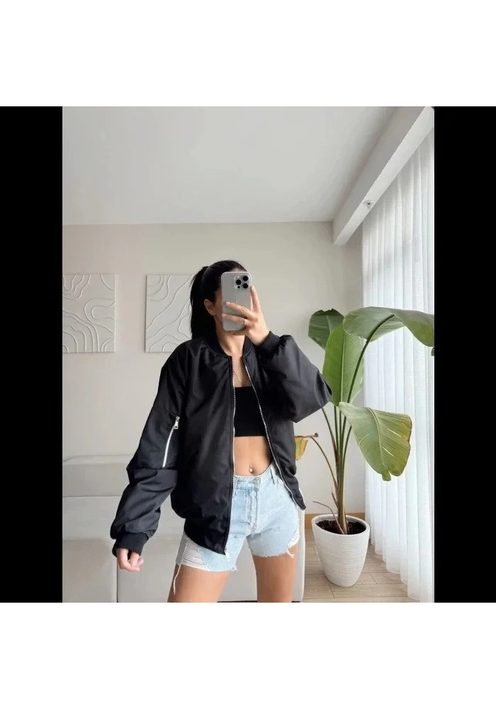 Kadın Siyah Bomber Mont Oversize Kalıp Fermuarlı Cepli  - Siyah