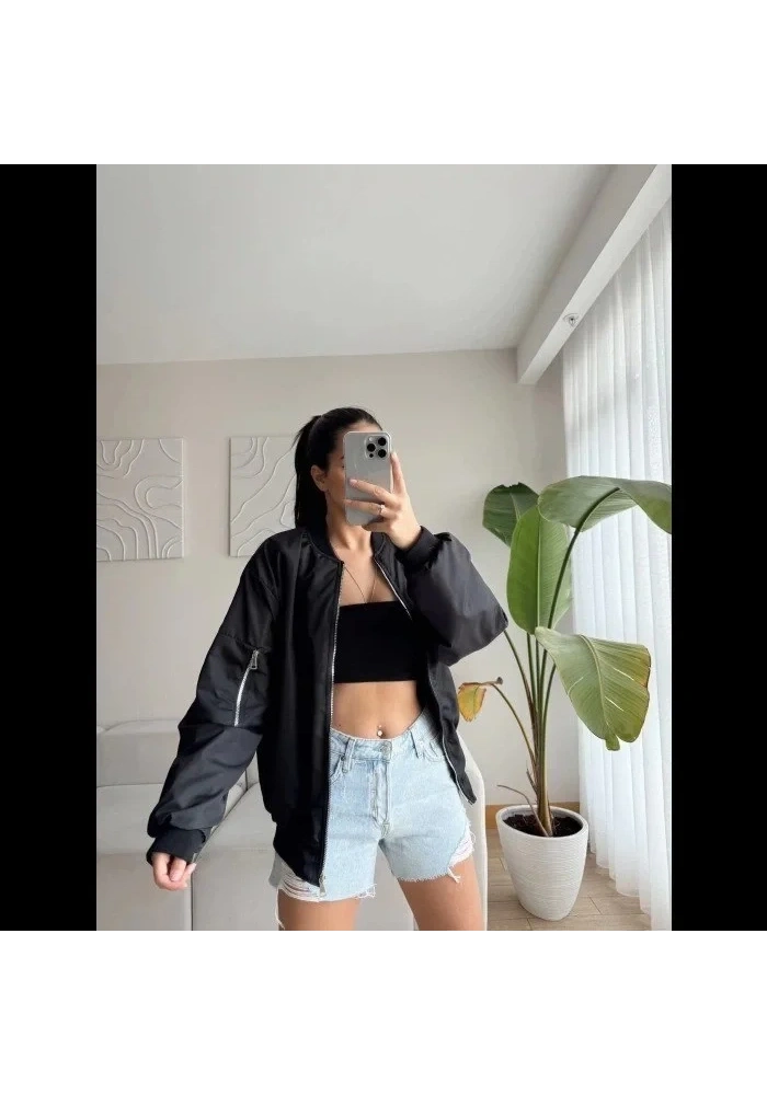 Kadın Siyah Bomber Mont Oversize Kalıp Fermuarlı Cepli  - Siyah